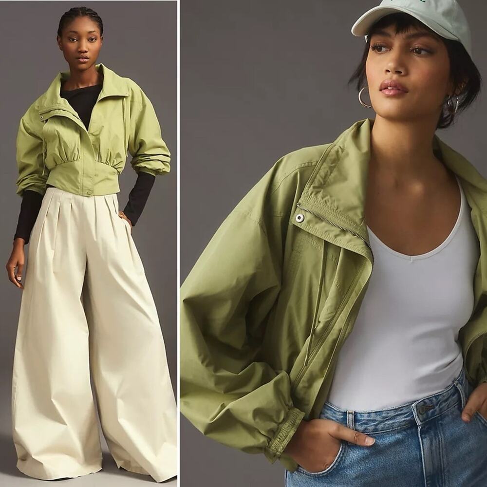 Anthropologie Daily Practice Olive Green Cropped Nylon Bomber Jacket Zip Medium